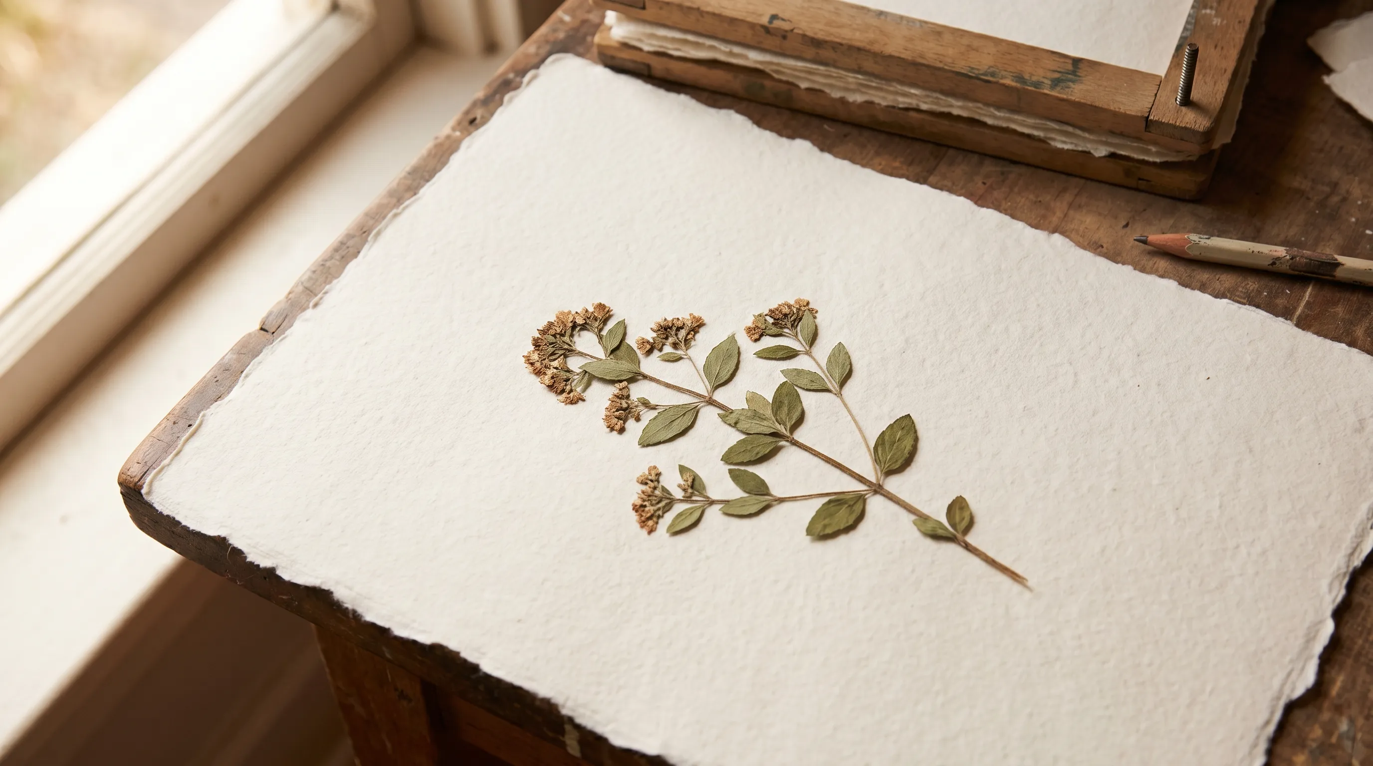 Illustrative pressed botanical sprig on textured handmade paper