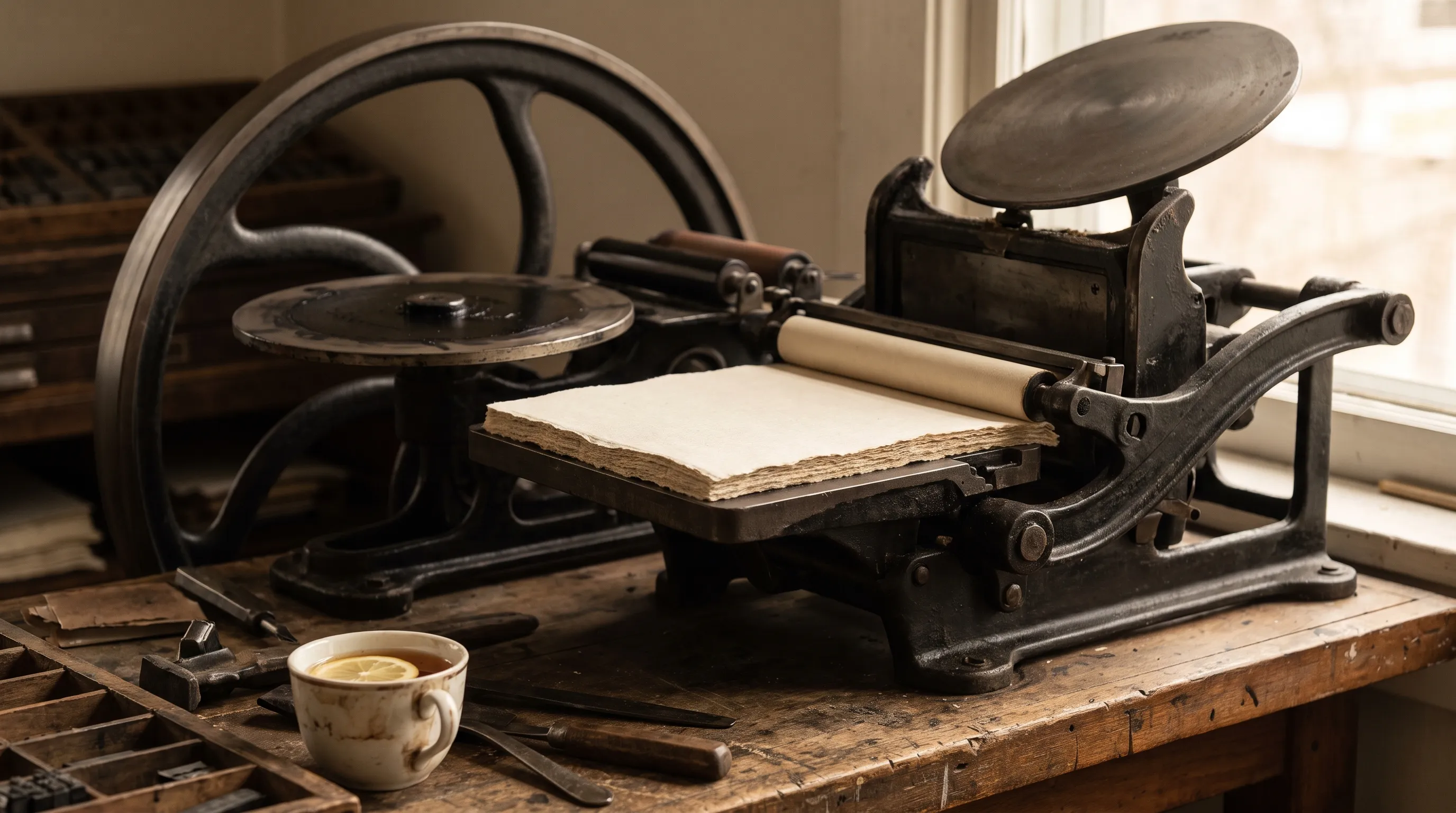 Illustrative vintage press and tea in window light